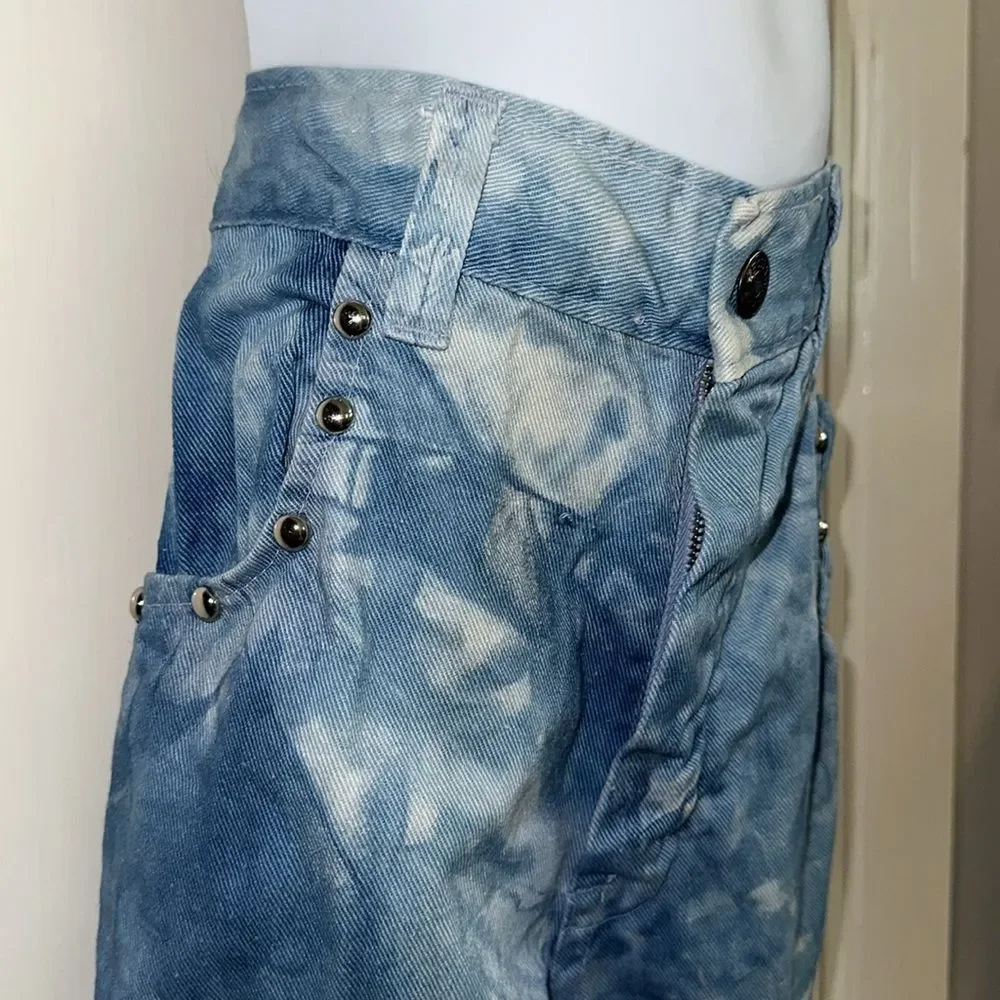 Vintage 70s Mambro Girls Blue Tie-Dye Bell Bottom Cuffed Jeans with Silver Studs